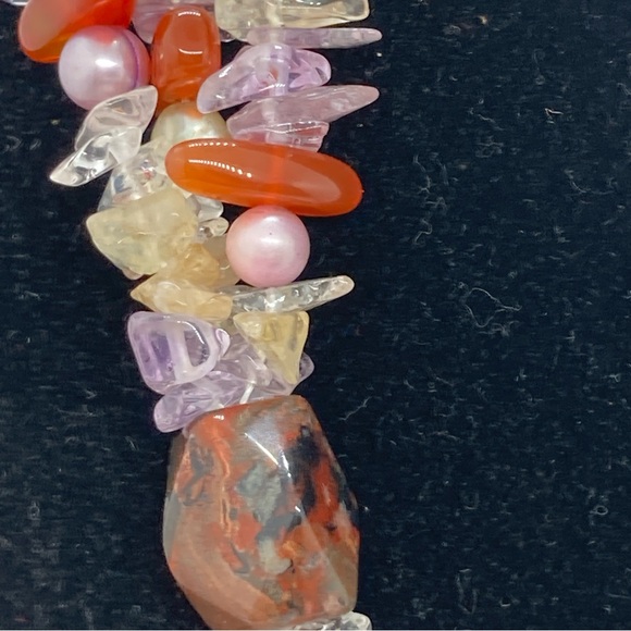 Multistrand Semiprecious Stone Necklace With Freshwater Pearls Toggle Clasp - Picture 7 of 11